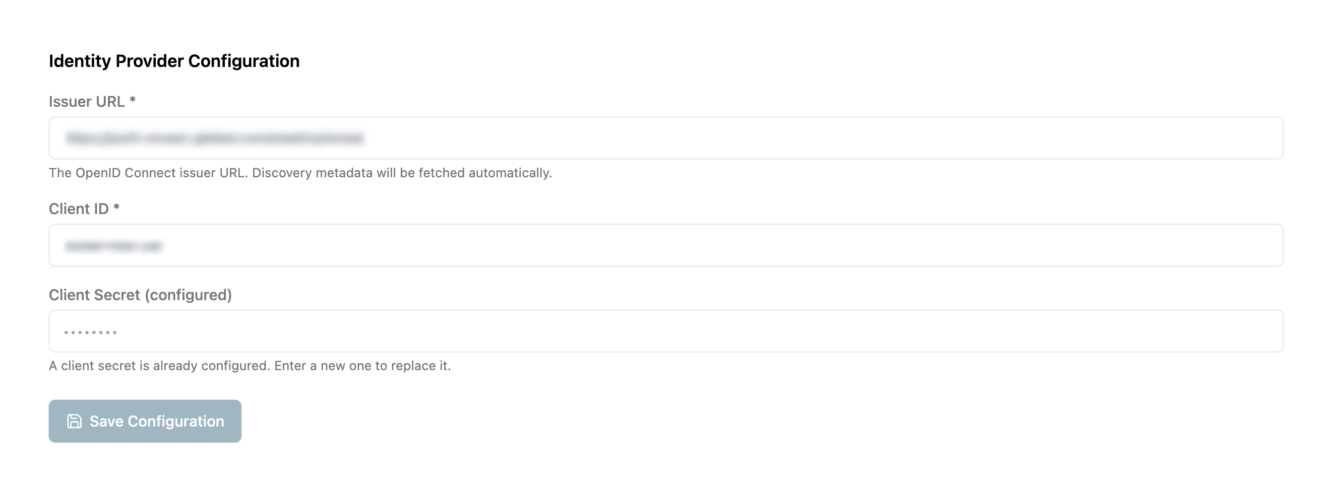 Configuration settings for an identity provider, including issuer URL, client ID, and secret.